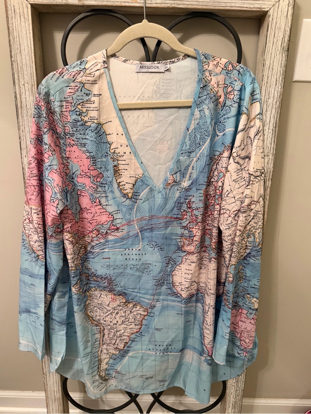 MISSLOOK World Map Atlas Print Blouse Women’s 2XL Blue Pink V Neck Travel Top